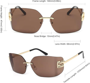 Fashion Rimless Square Sunglasses for Women Men Oversized Trendy Wrap Around Big Frame Sun Glasses
