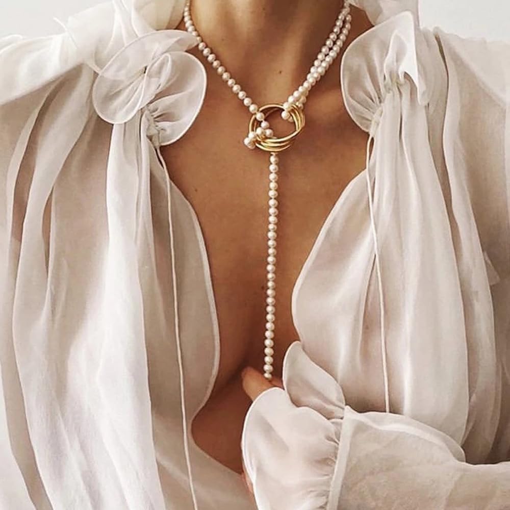Lariat Necklace for Women Dainty Gold Pearl Necklaces Simple Minimalist Charm Jewelry for Women Gift