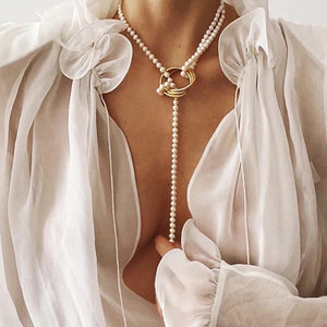 Lariat Necklace for Women Dainty Gold Pearl Necklaces Simple Minimalist Charm Jewelry for Women Gift