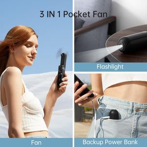 JISULIFE Handheld Mini Fan, 3 IN 1 USB Rechargeable Portable Fan [12-19 Working Hours] with Power Bank, Flashlight, Pocket Design for Travel/Summer/Concerts/Lash, Gifts for Women (Pink)