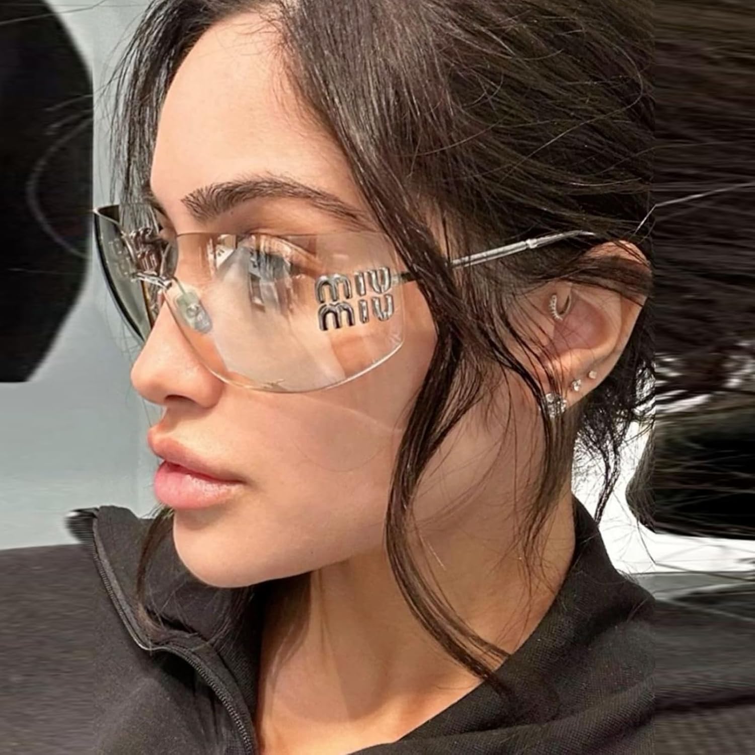 Fashion Rimless Square Sunglasses for Women Men Oversized Trendy Wrap Around Big Frame Sun Glasses