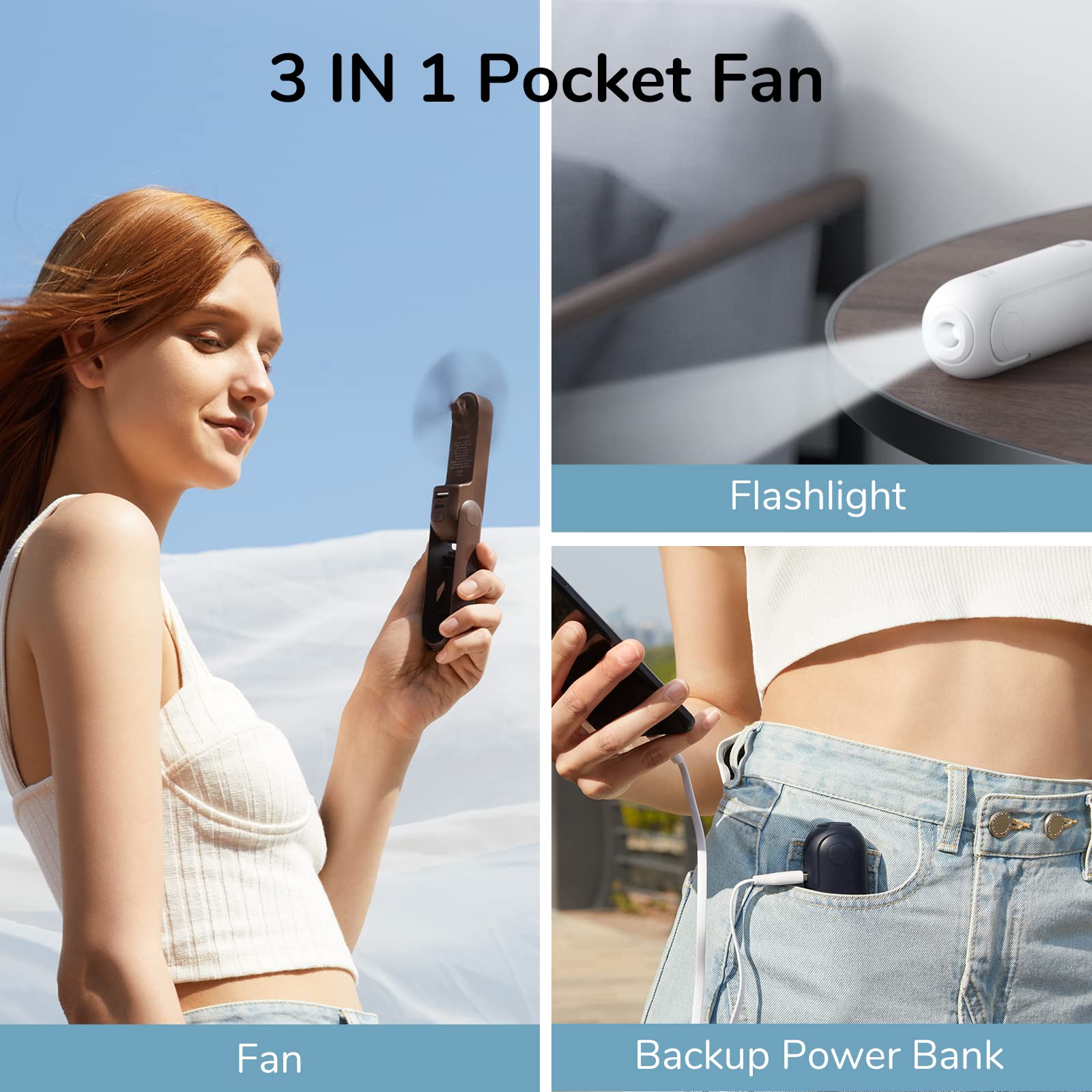 JISULIFE Handheld Mini Fan, 3 IN 1 USB Rechargeable Portable Fan [12-19 Working Hours] with Power Bank, Flashlight, Pocket Design for Travel/Summer/Concerts/Lash, Gifts for Women (Pink)