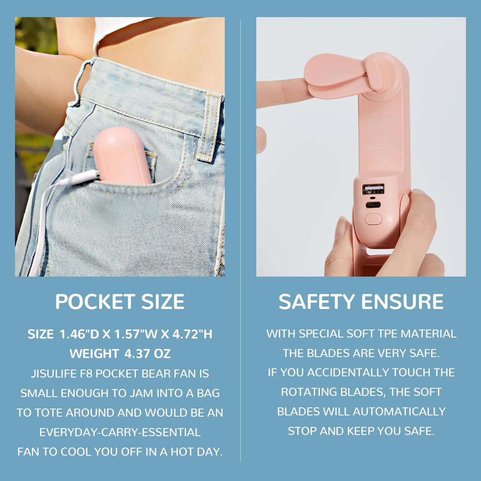 JISULIFE Handheld Mini Fan, 3 IN 1 USB Rechargeable Portable Fan [12-19 Working Hours] with Power Bank, Flashlight, Pocket Design for Travel/Summer/Concerts/Lash, Gifts for Women (Pink)