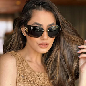 Fashion Rimless Square Sunglasses for Women Men Oversized Trendy Wrap Around Big Frame Sun Glasses
