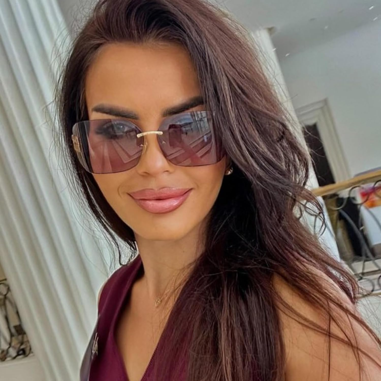 Fashion Rimless Square Sunglasses for Women Men Oversized Trendy Wrap Around Big Frame Sun Glasses