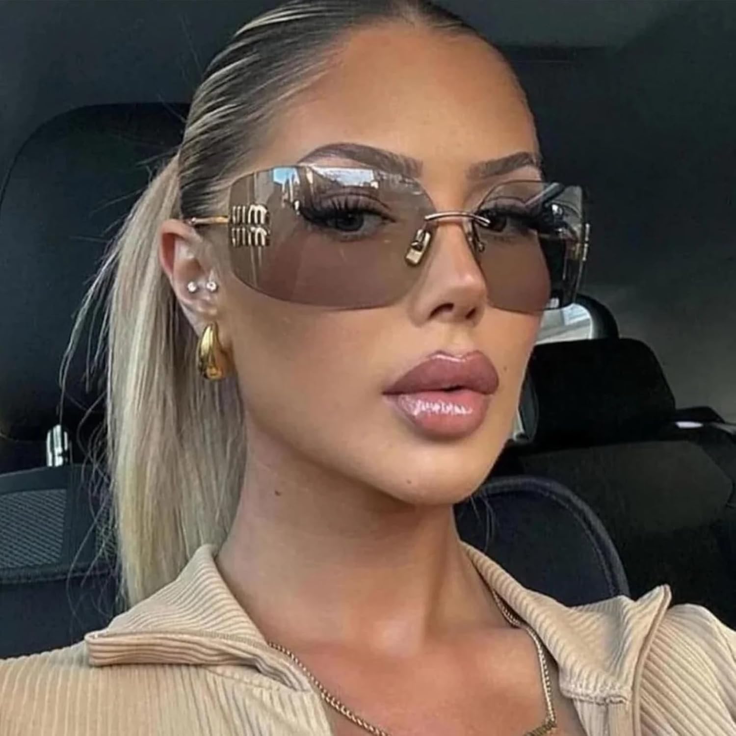 Fashion Rimless Square Sunglasses for Women Men Oversized Trendy Wrap Around Big Frame Sun Glasses