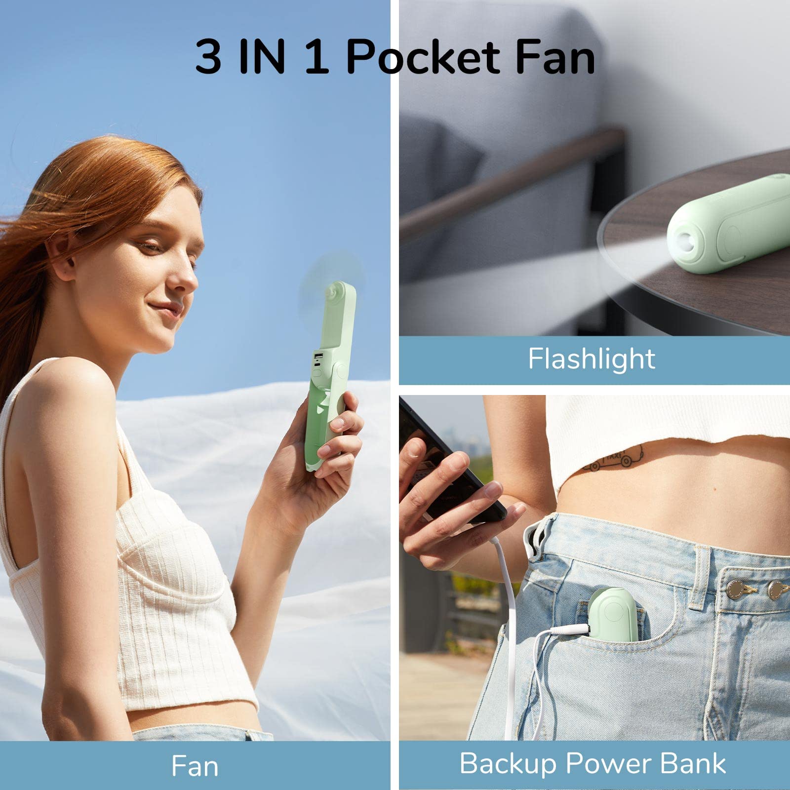 JISULIFE Handheld Mini Fan, 3 IN 1 USB Rechargeable Portable Fan [12-19 Working Hours] with Power Bank, Flashlight, Pocket Design for Travel/Summer/Concerts/Lash, Gifts for Women (Pink)