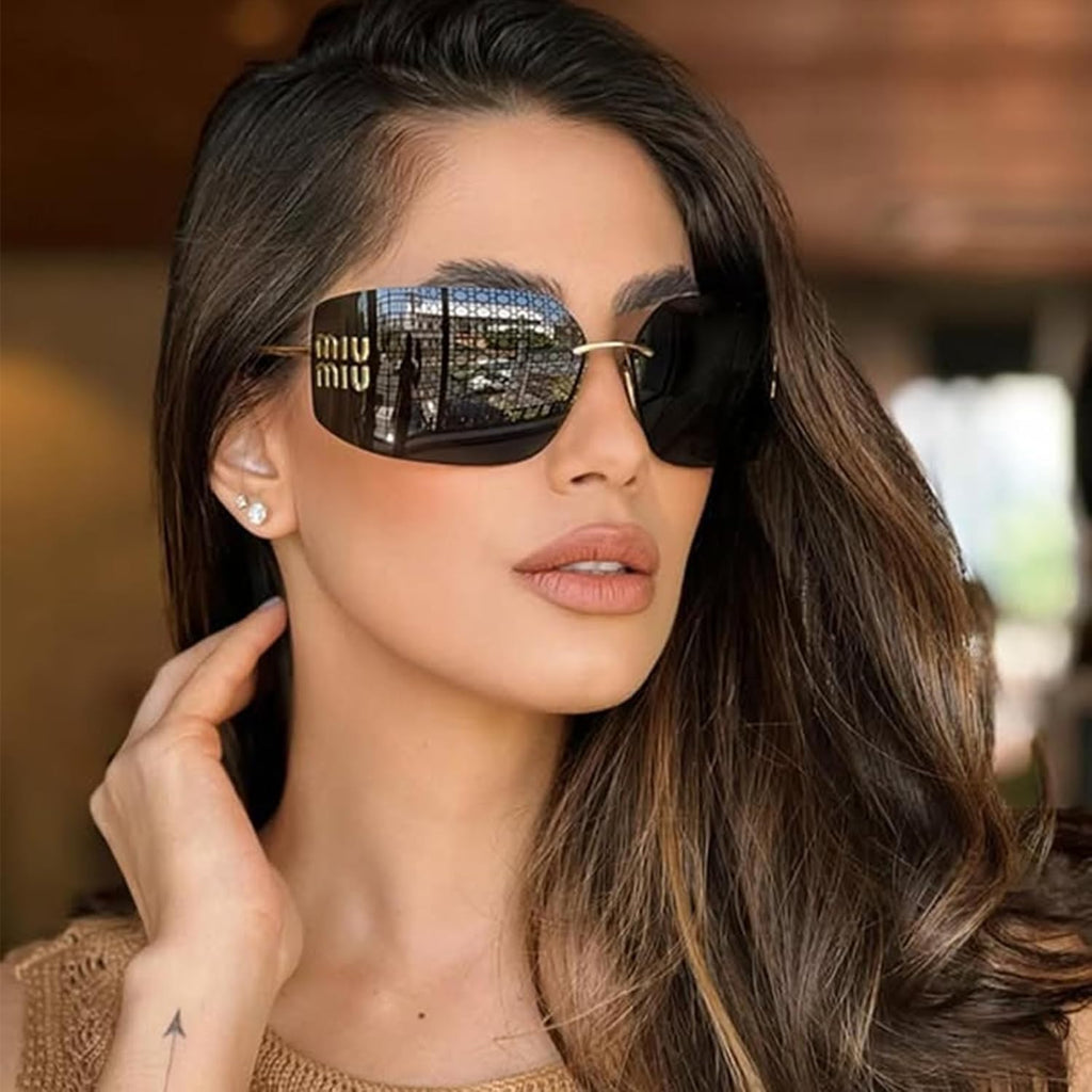 Fashion Rimless Square Sunglasses for Women Men Oversized Trendy Wrap Around Big Frame Sun Glasses